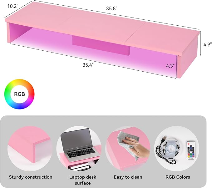 Dual Monitor Stand Riser with LED Lights, Large Monitor Stand for Desk, Computer Monitor Stand for 2 Monitors, Desk Shelf for Top of Desk, Desktop Organizer for Laptop, Printer, TV, Pink