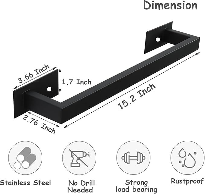 Bathroom Towel Bar Self Adhesive, No Drilling Towel Rack Easy to Install, Hand Towel Holder Made of Premium Stainless Steel Sticky on Hand Towel Hanger for Kitchen, Toilet.(16IN, Black)-NeatNest