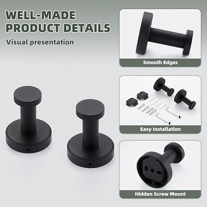 APLusee Matte Black Robe Towel Hook for Bathroom, 2 Pack Stainless Steel Coat Hooks, Heavy Duty Wall Hangers Wall Mounted