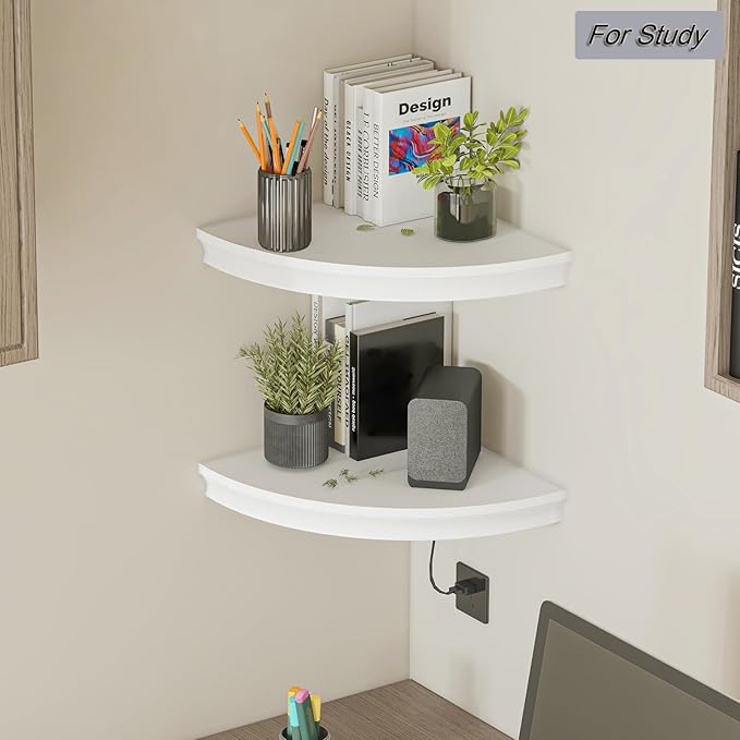 HAO Floating Corner Shelf Invisible Wall Mounted Shelves Radial Shape Cable Wire Hole Pattern Perfect for Bedroom Bathroom Living Room Kitchen 17 Inch Set of 2 White-NeatNest