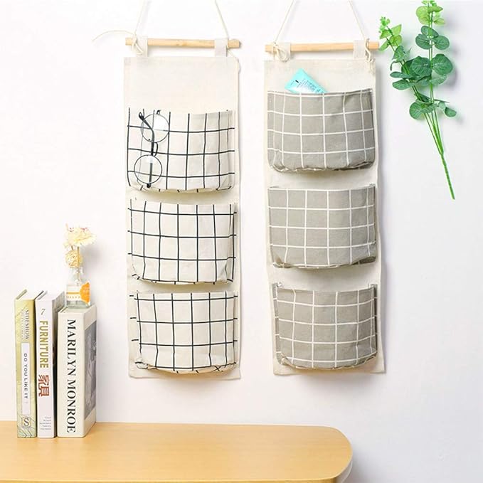 AUHOKY 3Pcs Wall Closet Hanging Storage Bag, Premium Linen Fabric Over The Door Organizer, Hanging Storage Pouches with 3 Pockets for Bedroom Bathroom - Waterproof & Stylish (Black/Gray/White)-NeatNest