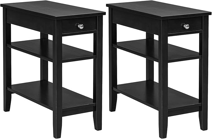 Giantex Set of 2 End Table with Drawer, Narrow Side 2-Tier Open Storage Shelves, Slim Compact Nightstand Bedside for Living Room Bedroom, Black