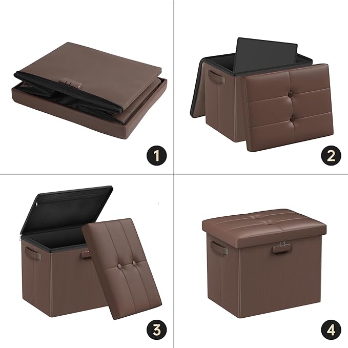DocSafe Storage Ottoman Foot Rest Stool with Lock & Handle, Fireproof Folding Leather Footstool Bench with Storage Safe for Living Room Bedroom, Home Office, Dorm, 17x13x13in, Brown-NeatNest