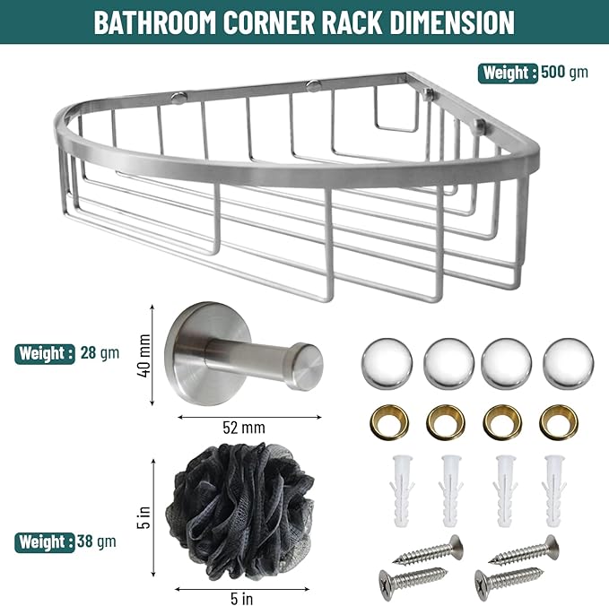 Stainless Steel Wall Mount Shower Caddy, Single Hook & Bath Wipe Waterproof Durable Corner Shower Rack for Bathroom Space Saving Bathroom Organizer & Storage for Shampoos Soap Bath Items Brushed