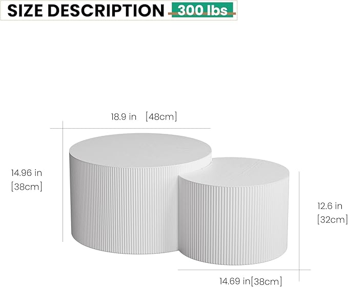 Round Nesting Coffee Table Set of 2 Circle Nested Coffee Tables Modern Fluted Coffee Table Set of 2 Wooden Drum End Side Tables for Living Room Bedroom Small Spaces (Cream Small)