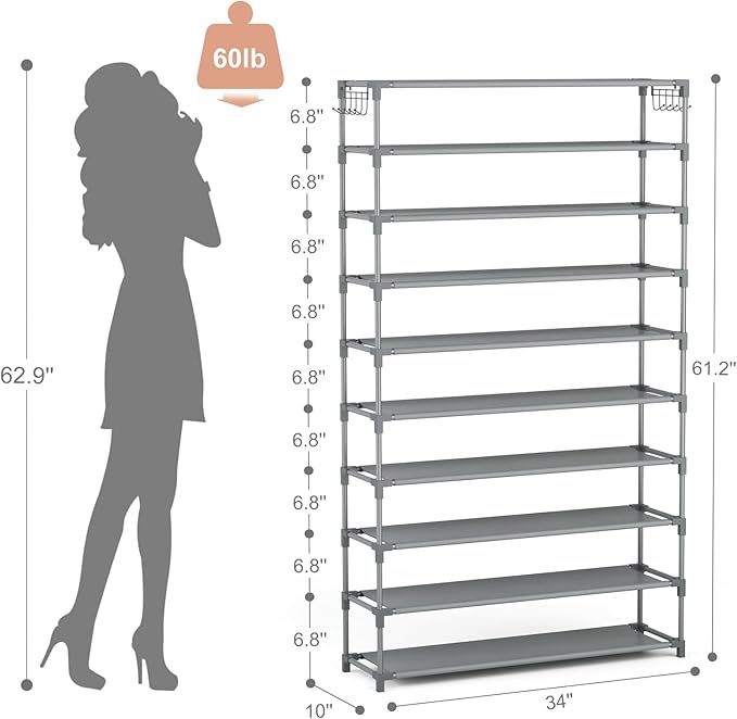 10 Tiers Shoe Rack 50 Pairs Large Capacity Tall Shoe Organizer Sturdy Shoe Storage with Two Hooks Space Saving Metal Wide Shoe Rack for Closet, Entryway, Bedroom, Grey-NeatNest