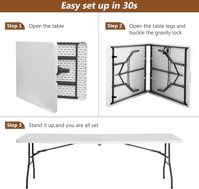 FDW Folding Half Portable Foldable Table for Parties Backyard Events (White, 6 FT 70 * 29) (White, 8 FT)-NeatNest