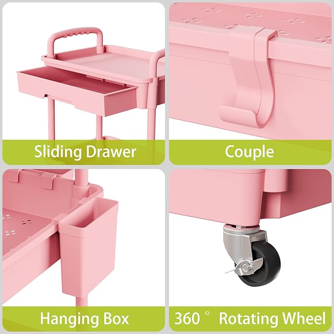 5 Tier Rolling Cart Organizer,Bathroom Cart Organizers with Wheels Laundry Room Organization Mobile Shelving Unit Utility Cart Storage Shelves Multi-Functional for Office, Home(Pink)-NeatNest