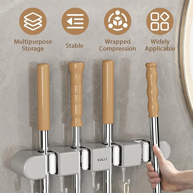 2Pcs Broom Mop Holder with Hooks Wall Mounted Broom Storage Rack No Drilling Self-Adhesive Mop Broom Organizer Mop Holder Hanger for Bathroom Office Kitchen Closet Garage,Grey (2)-NeatNest