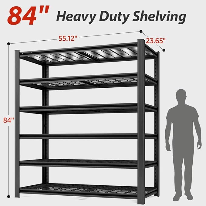 6 Tier Metal Garage Shelves, 84" H x 55.12" W x 24" D, 3600LBS Storage Heavy Duty Garage Shelving, Adjustable Shelving Unit for Warehouse, Basement, Kitchen, Store Display, Black-NeatNest