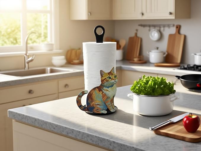 Decorative Paper Towel Roll Holder,Easy One-Handed Tear Kitchen Paper Towel Dispenser, Standing Paper Tower Holder Countertop Black for Kitchen and Bathroom (1Pack, Colorful Cat)-NeatNest