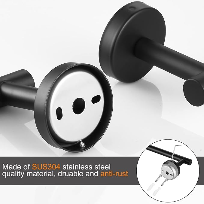 Bathroom Hardware Set Black 10 Pieces, Towel Bar Set Matte Black Stainless Steel Towel Rack Set Includes 2PCS 16'' Towel bar, 4PCS Towel Hooks, 2PCS Toilet Paper Holder and 2PCS Towel Ring