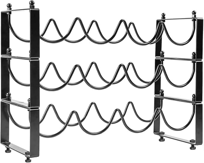 3 Tiered 12-Bottle Metal Wine Rack - Sturdy Wave Design with Reinforced Base | Stackable, Space-Saving Bar, Countertop, or Cabinet Storage (3)
