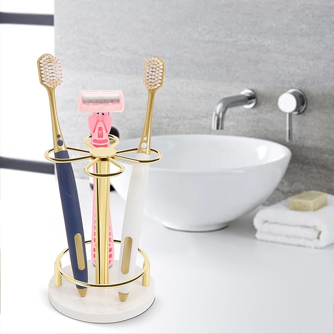 HarJue Toothbrush Holder Stand for Bathroom, Metal Toothbrush Organizer with Marble Base, Toothbrush Storage Collection for Family, Suitable for Home Hotel Countertop Vanity (Small, Gold)