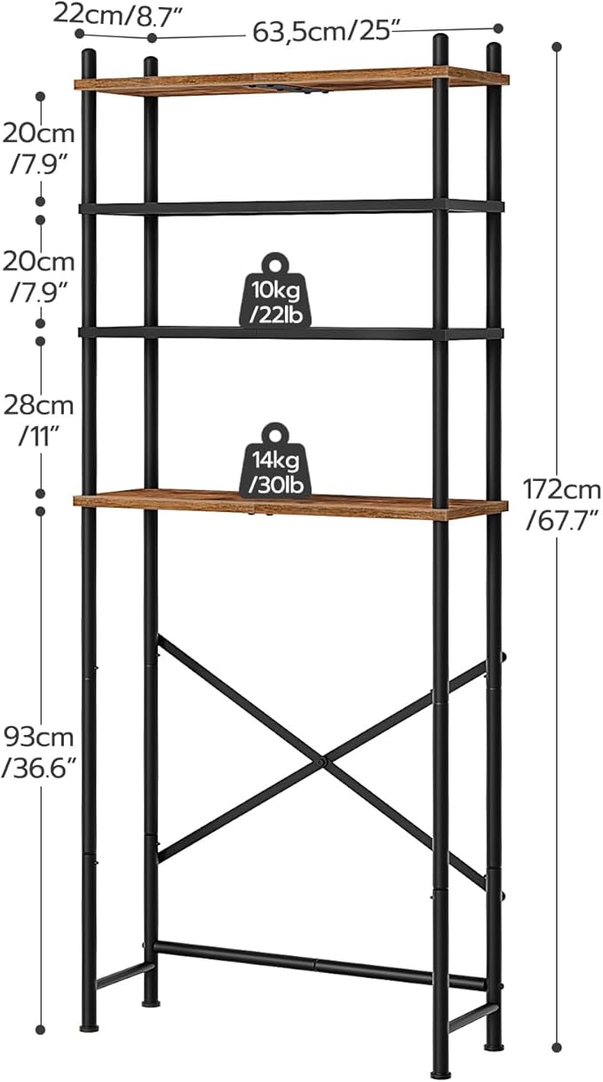HOOBRO Over The Toilet Storage, 4-Tier Over Toilet Bathroom Organizer, Freestanding Above Toilet Shelf with Adjustable Feet, Space Saving, Easy to Assemble, Rustic Brown and Black BF64TS01
