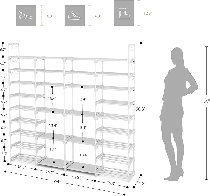 ROJASOP Large Shoe Rack Organizer for Entryway Closet 64-68 Pairs 9-Tier Heavy Duty Tall Garage Shoe Rack Shoe Shelf Shoes Storage with 18 Pcs Removable Side Hooks for Bedroom and Garage White-NeatNest