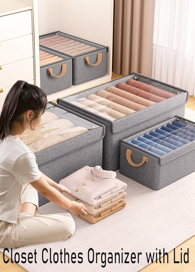 AARAINBOW Closet Clothes Organizer Bins 6 Pc, Fabric Box Storage Shelf Bins Stackable, Foldable Closet Shelf Storage Container with Lid, Fabric Storage Bin with Steel Frame, 23L (6 Gray with Lid)-NeatNest