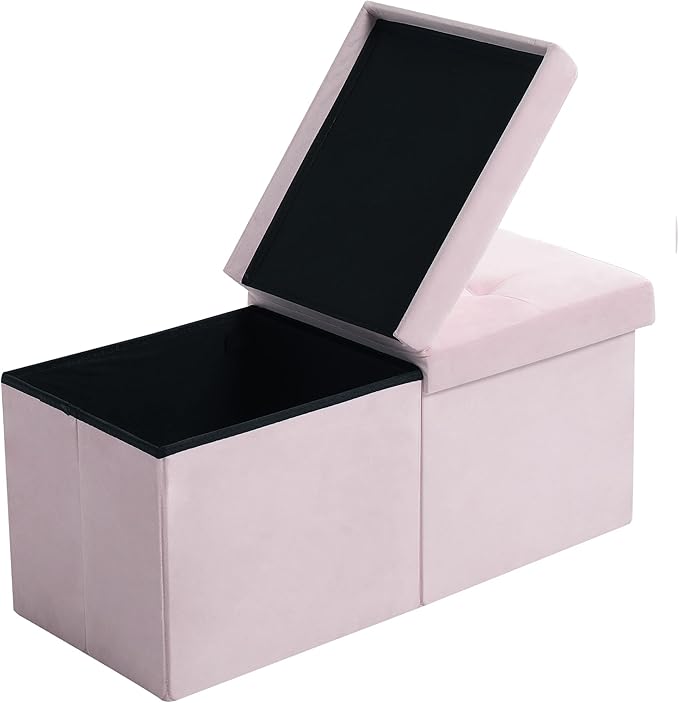 CUYOCA Storage Ottoman Bench Foldable Seat Footrest Shoe Bench End of Bed Storage with Flipping Lid, 75L Storage Space, 30 inches Velvet Pink-NeatNest