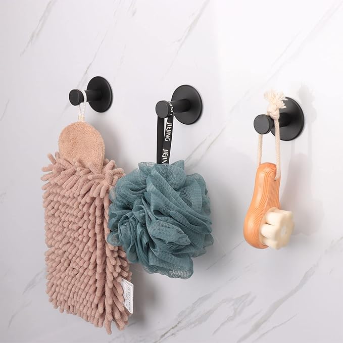 Bath Towel Hooks, 6 Pack Self Adhesive Coat Hooks, Sturdy No Drilling Robe Hook, SUS 304 Stainless Steel Heavy Duty Clothes Hanger, Wall Hooks for Bathroom Bedroom Kitchen (2 in, Black)