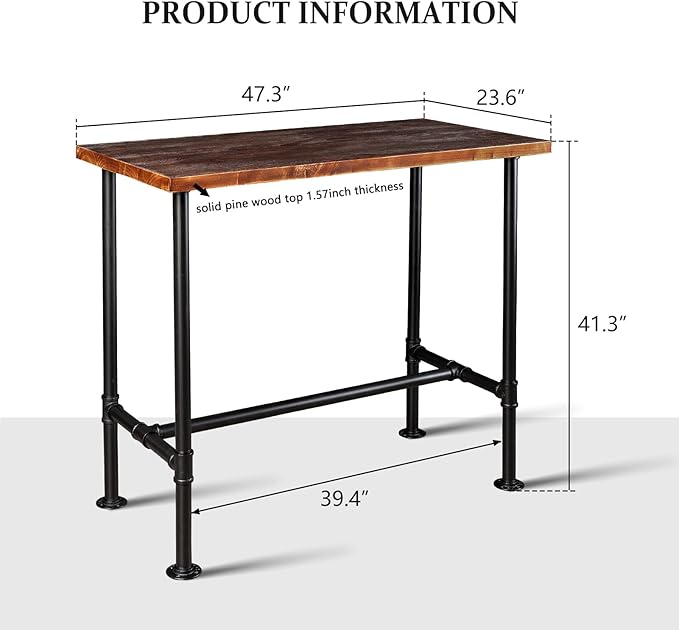 Diwhy DIY Industrial Design Pipe Dining Table Casual Pub BAR Laptop Table Modern Studio Wood and Metal Rectangular Dining Table homeoffice Desk Breakfast high bar Table Brown Desktop 47.3" × 23.6"-NeatNest