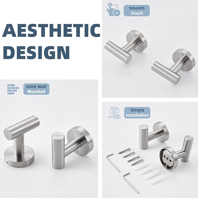 APLusee Brushed Nickel Round Coat Hook 2 Pack, 304 Stainless Steel Bathroom Towel Hook, Wall Mounted
