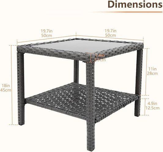 C-Hopetree Small Outdoor Coffee Side End Table for Outside Patio Storage, Gray All Weather Wicker with Glass Top, Square-NeatNest
