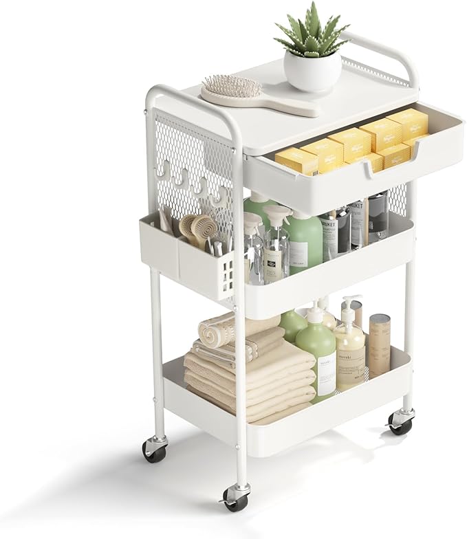 3 Tier Rolling Cart with Drawer, Metal Rolling Utility Cart on Wheels with Pegboard, Art Cart Storage Organizer with Tabletop for Living Room, Office, Bedroom (White)-NeatNest