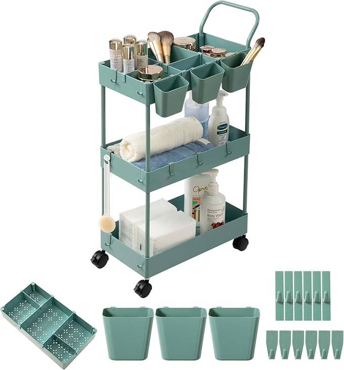 danpinera Storage Cart on Wheels, 3 Tier Bathroom Cart Organizer Slim Laundry Narrow Shelf with Wheels Dividers Hanging Cups Hooks Handle Easy Assembly, Green