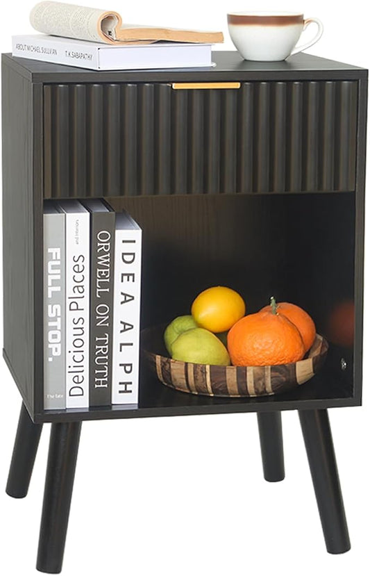 Black Fluted Nightstand, Modern Bedside Table with Drawer and Opening Storage, End Side Table Living Room with Solid Wood Legs for Bedroom (Black)-NeatNest