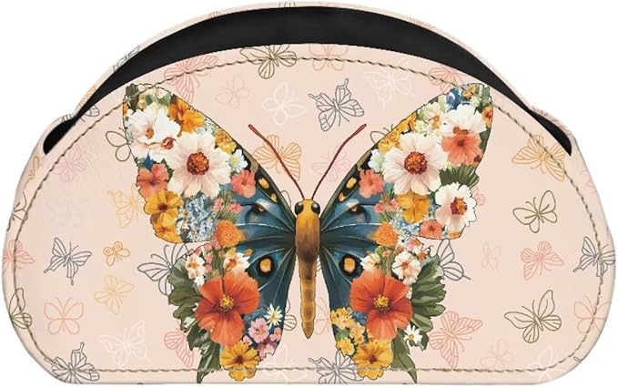 Creative Floral Butterfly Print TV Remote Holder with 5 Compartments, Office Desk Organizers - Nightstand Organizers/Bedside Table Accessory, Storage for Controllers/Media Players Yellow-NeatNest