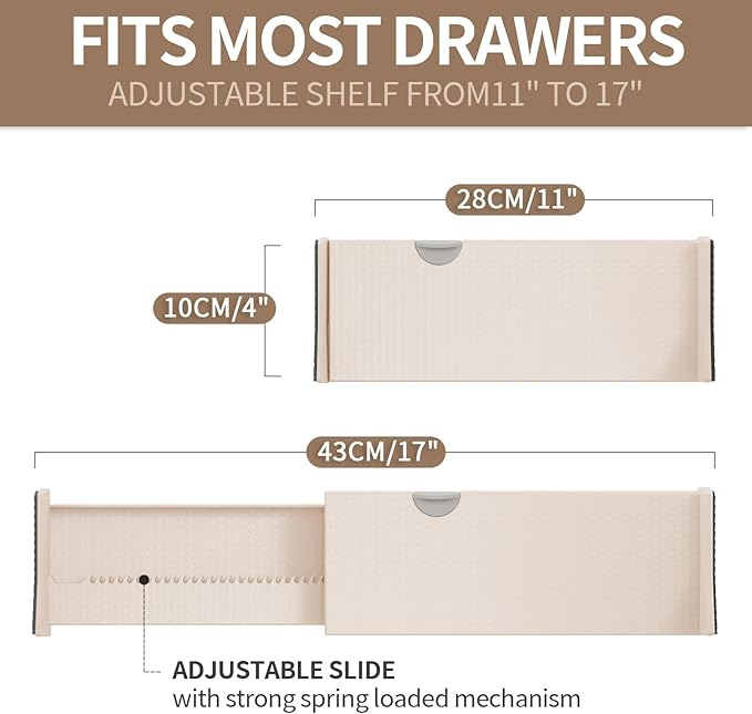Drawer Dividers Organizer 8 Pack, Adjustable Separators 4" High Expandable from 11-17" for Bedroom, Bathroom, Closet, Clothing, Office, Kitchen (Beige, 8 PACK)-NeatNest