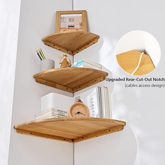 Corner Shelves Wall Mount, 10inch Oak Wood Floating Corner Shelves Set of 2 Round End Small Plant Shelf Wall Mount for Kitchen, Living Room, Bedroom…-NeatNest