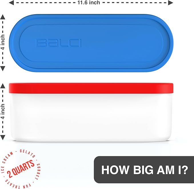 Ice Cream Containers - 2 Quart Ea. (Set of 2) - Premium Reusable Freezer Storage for Homemade Ice Cream Tub for Sorbet, Frozen Yogurt - Flexible Silicone Lids, Long Scoop, Stackable - Blue & Red