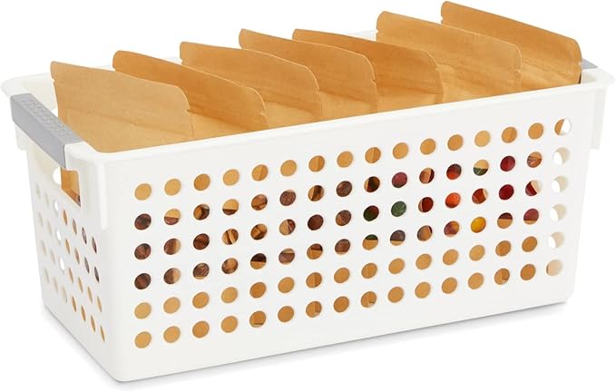 Farmlyn Creek Storage Baskets for Shelves - 4-Pack White Plastic Baskets w/ Gray Handles, 11.5 x 5.25 x 5 in - Narrow Shelf Bins & Closet Storage Bins for Bathroom, Nursery