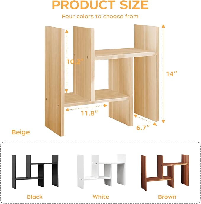 Desk Organizer Shelf Wooden Desktop Bookshelf Adjustable Desktop Organizer Shelves Small Book Shelf for Office Desk Supplies Home Storage Natural Stand Decor (Beige, Style1)-NeatNest