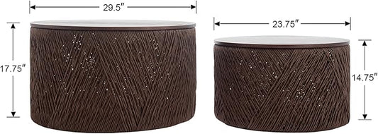chairus Nesting Coffee Table Set of 2 Woven Round Coffee Table with Storage Solid Wood Side Table for Small Spaces, Living Room, Bedroom, Office, Dark Brown-NeatNest