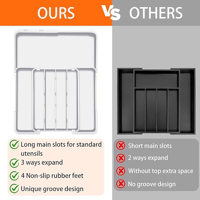 Adjustable Kitchen Utensil Organizer Plastic Silverware Drawer Organizer, Expandable Cutlery Drawer Organizer BPA Free Flatware Tray for Spoons Forks Knives Organizers Divider, White-NeatNest