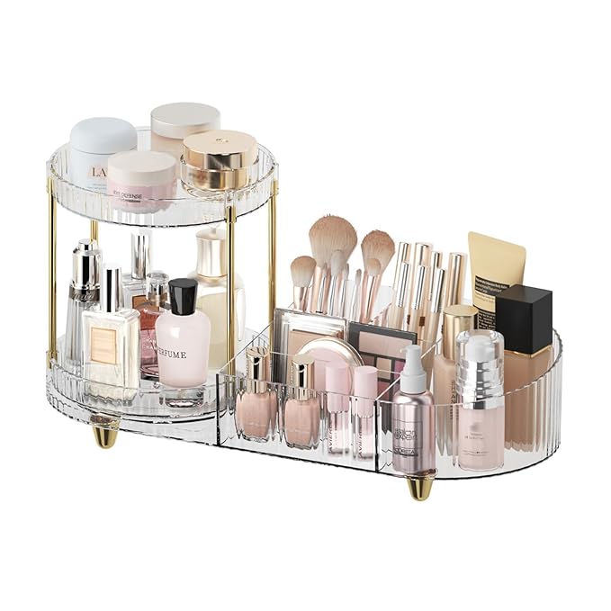 Makeup Organizer Countertop for Vanity, Rotating Perfume Tray with 5-compartment Cosmetic and Skincare Organizers, Multi-Purpose Desk Storage Makeup Brush Holder for Bathroom Bedroom Counter-NeatNest