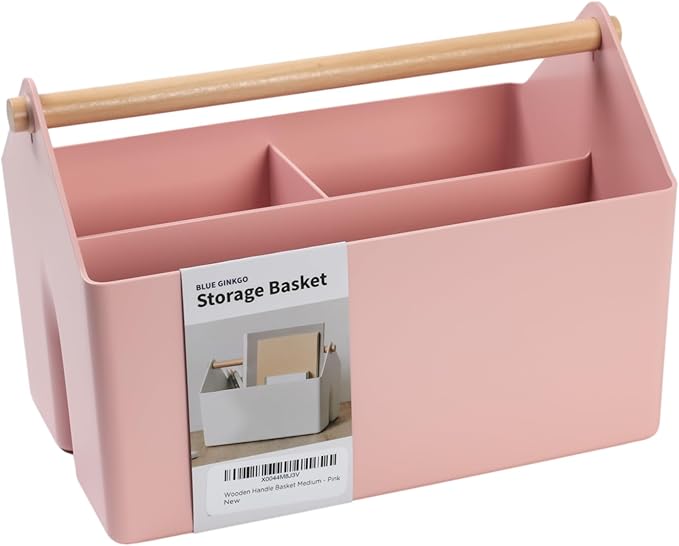 BLUE GINKGO Medium Storage Basket – Plastic Caddy with Wooden Handle for Office, Arts & Crafts, or Home Supplies (Pink)-NeatNest