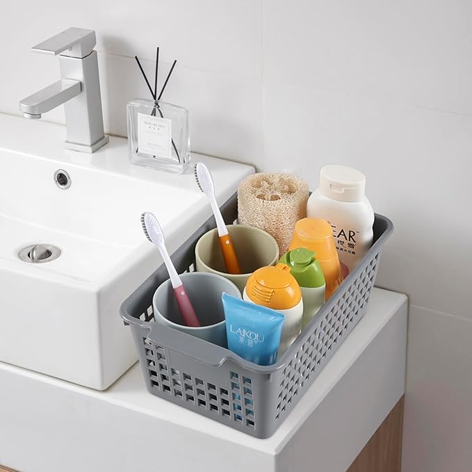 Plastic Storage Baskets, 6 Packs Shelf Kitchen Pantry Organizer Bins, Grey-NeatNest