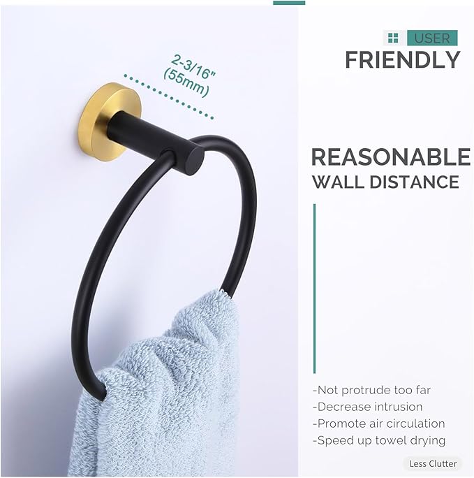 Angle Simple Towel Ring Swivel, Stainless Steel Hand Towel Holder Rack for Bathroom, Black and Gold