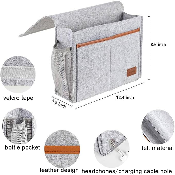 Bedside Caddy,Felt Bedside Storage Organizer, Hanging Storage for Dorm Bed Sofa for tablet Magazine Phone Remotes and Water Bottle Holder (Light Grey)-NeatNest