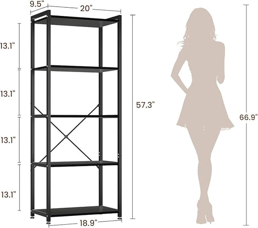 Casaottima Book Shelf, 5 Tier Bookshelf, Modern Wood Bookcase Shelves for Bedroom, Industrial Display Shelf for Living Room Home Office Kitchen, Standing Shelving Unit Storage Organizer, Black-NeatNest