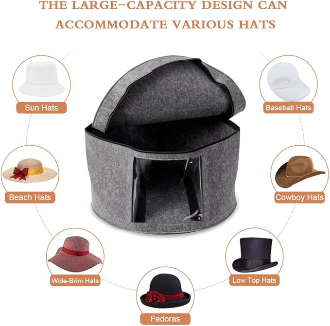 Hat Box, Hat Boxes for Women/Men Storage, 17" D x 10" H, Round Hat Storage Box Container for Closet, Clothes Storage Bin for Stuffed Animal Toy, Foldable Hat Box for Travel with Dustproof Lid (Grey)-NeatNest