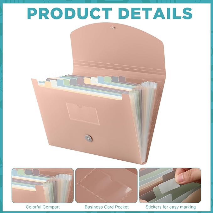 Cholemy Expanding File Folder 13 Pockets File Organizer with Labels A4 Letter Size Receipt Document Organizer Plastic Expandable Filing Folders for Office, Home(Pink)