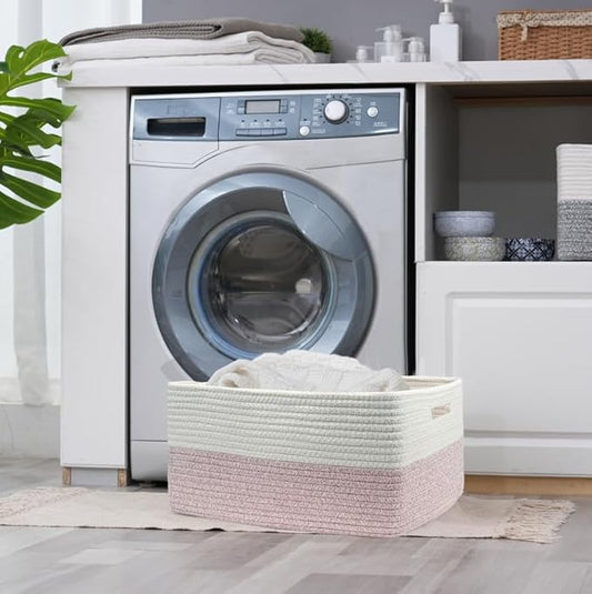 COMFY-HOMI Cotton Rope Woven Basket with Handles for Shelves,Toys,Book, Cloth Storage Baskets for Organizing-17" x 13" x 7.5" Toy Decorative Organizer for Living Room, Bathroom (white/pink)-NeatNest