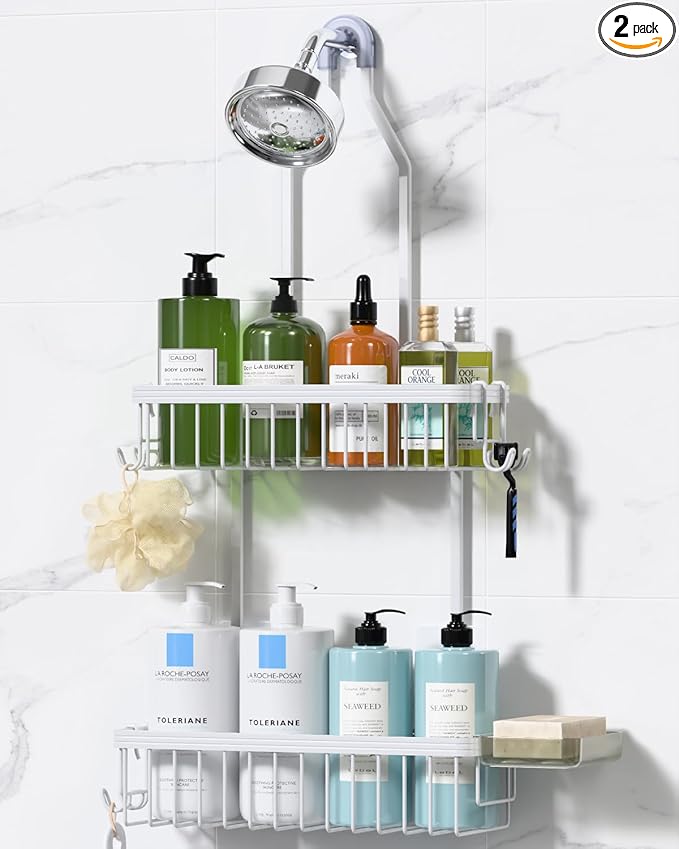YASONIC Shower Caddy Hanging, Never Rust Shower Organizer Hanging, Aluminum Shower Racks for Inside Shower with Hooks for Razor, Bathroom Organizers and Storage with Soap Holder, White
