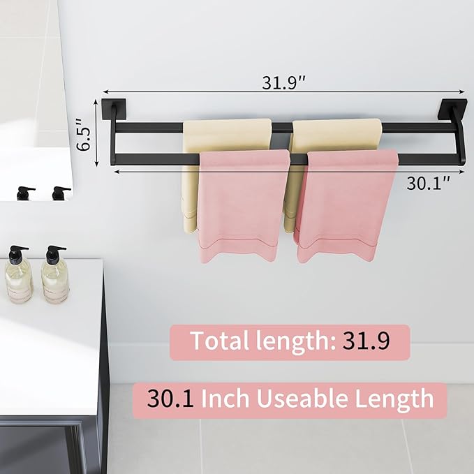Double Towel Bars, 32 Inch Towel Holder Towel Racks for Bathroom, Stainless Steel Bath Towel Rack Towel Holder Wall Mounted, Black