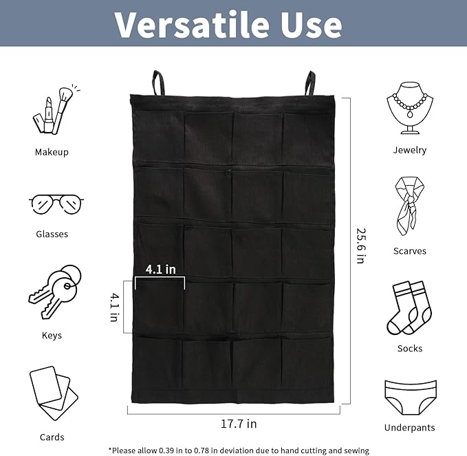 100% Linen Hanging Storage Bag with 20 Pockets, Wall Hang Over The Door Closet Organizer for Socks Underpants, Black