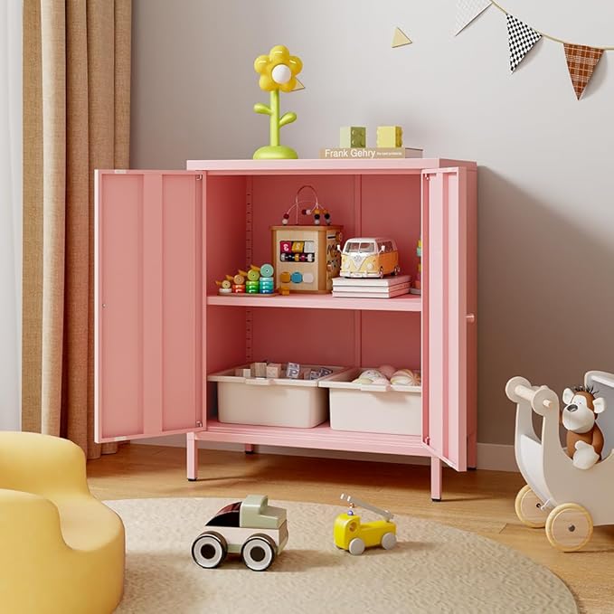 2 Doors Locker Metal Storage Cabinet, Accent Storage Cabinet with Shelves, Freestanding Metal Sideboard for Small Spaces, Living Room, Dining Room, Entryway (2 Door Cabinet, Pink)